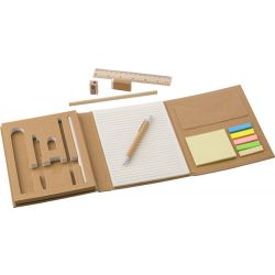 Kartonnen schrijffolder, inclusief notitieblok met 40 bladen, bamboe liniaal (15 cm), kartonnen pen 